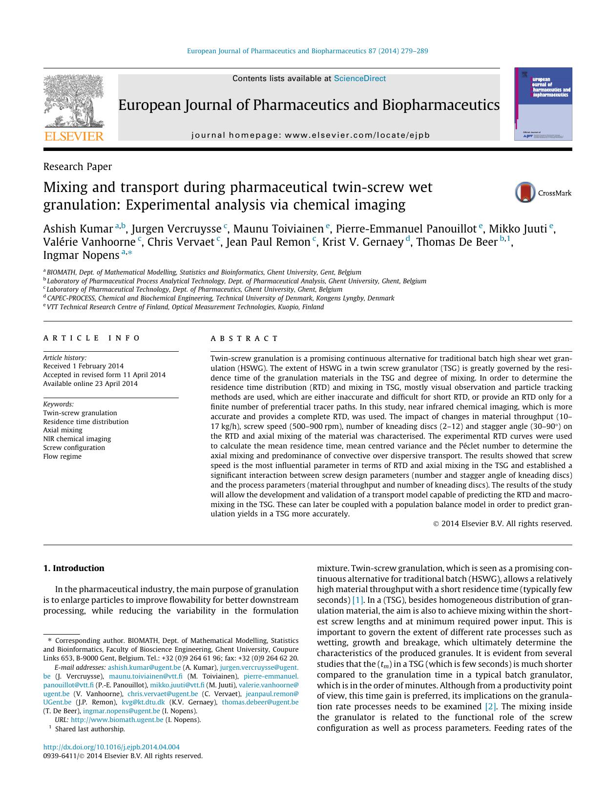Mixing and transport during pharmaceutical twin-screw wet granulation: Experimental analysis via chemical imaging by unknow