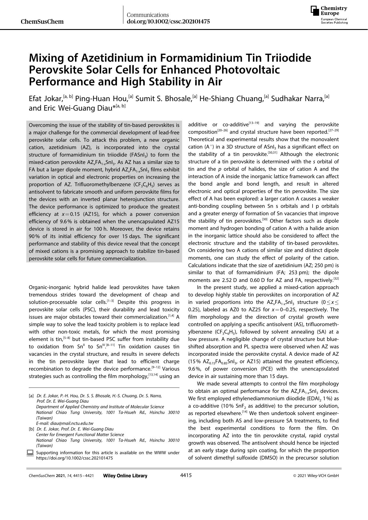 Mixing of Azetidinium in Formamidinium Tin Triiodide Perovskite Solar Cells for Enhanced Photovoltaic Performance and High Stability in Air by Unknown
