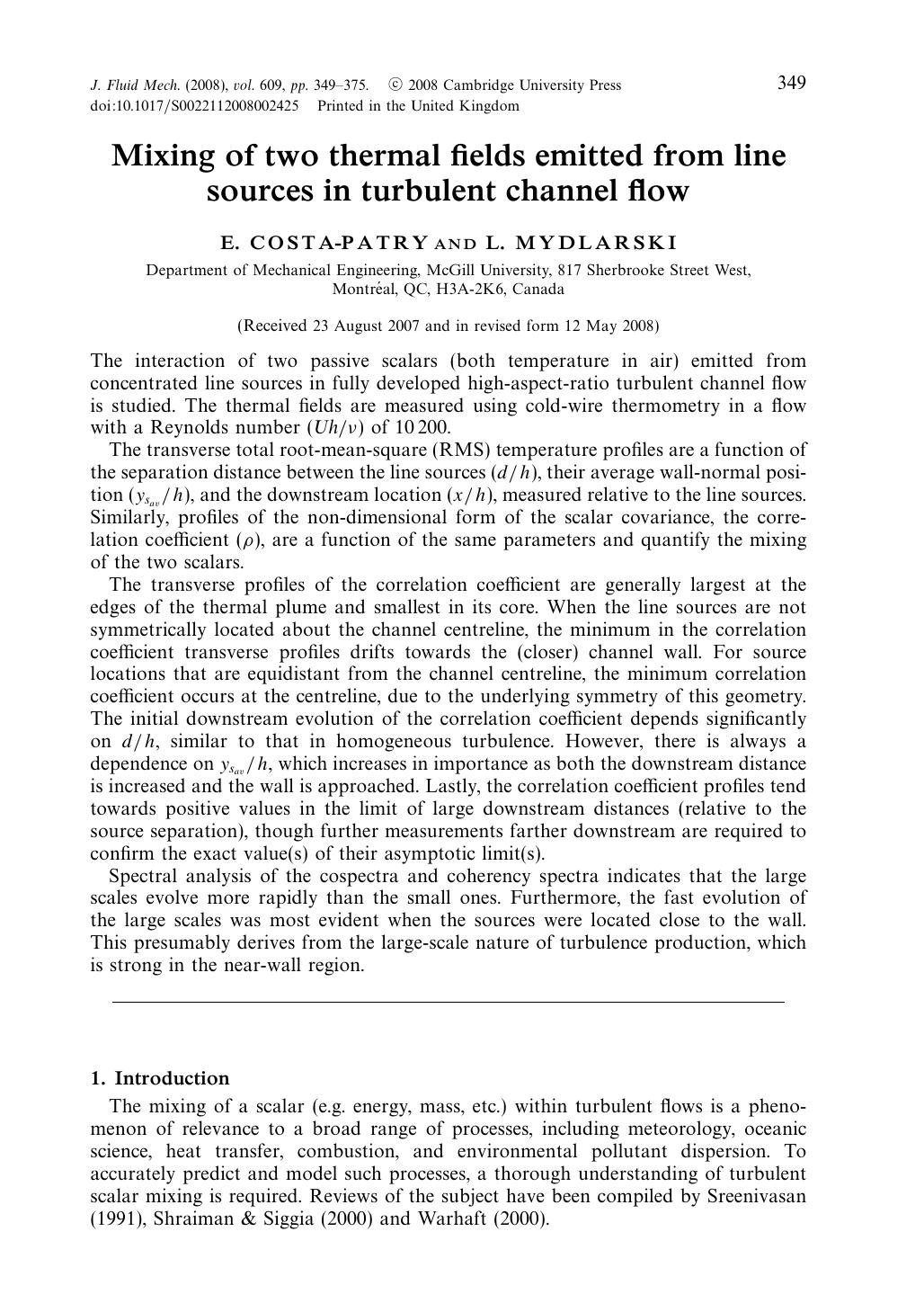 Mixing of two thermal fields emitted from line sources in turbulent channel flow by E. COSTA-PATRY & L. MYDLARSKI