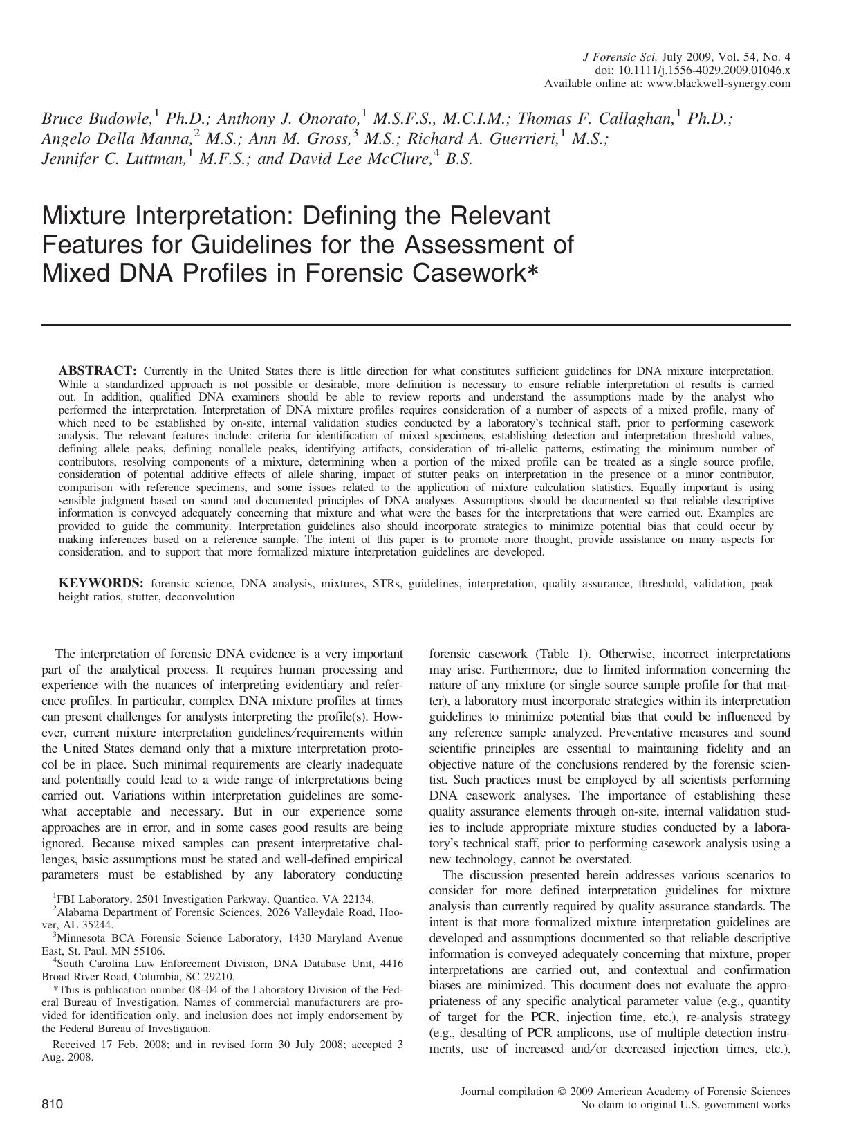 Mixture Interpretation: Defining the Relevant Features for Guidelines for the Assessment of Mixed DNA Profiles in Forensic Casework* by Unknown