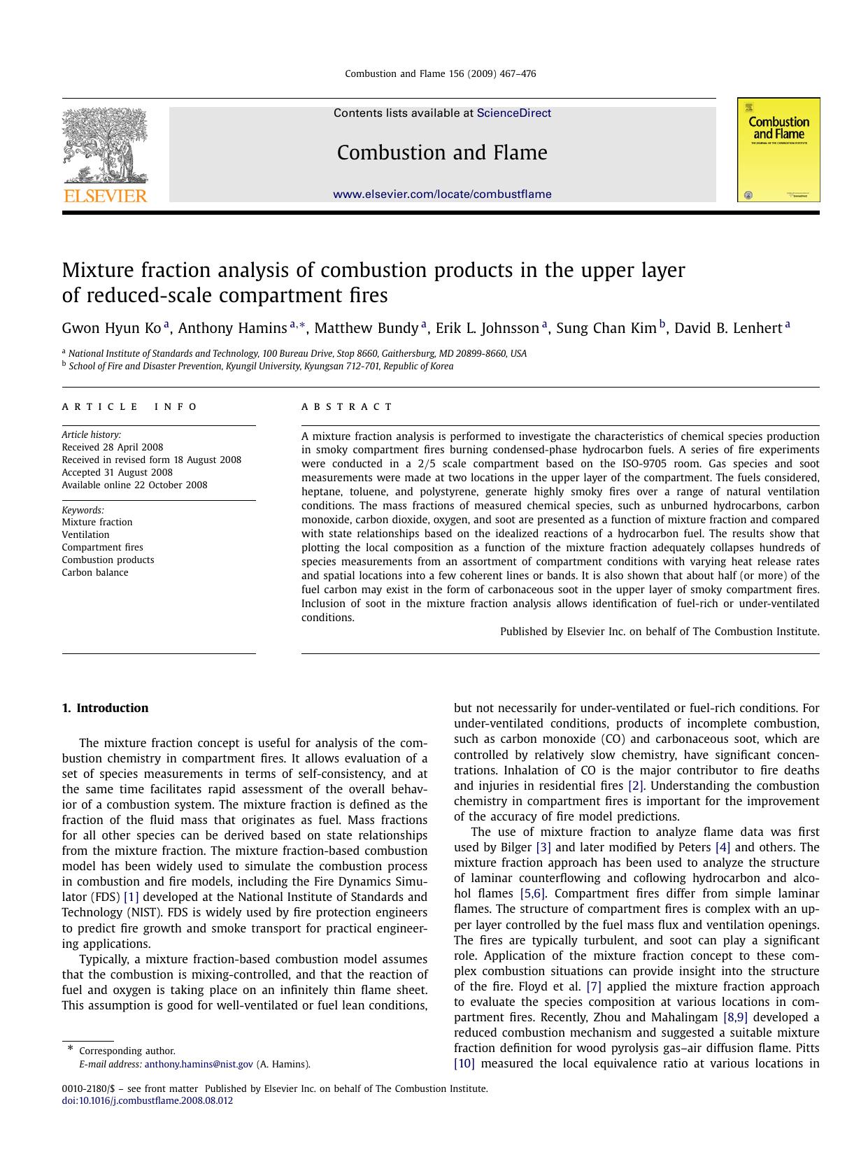 Mixture fraction analysis of combustion products in the upper layer of reduced-scale compartment fires by Gwon Hyun Ko; Anthony Hamins; Matthew Bundy; Erik L. Johnsson; Sung Chan Kim; David B. Lenhert