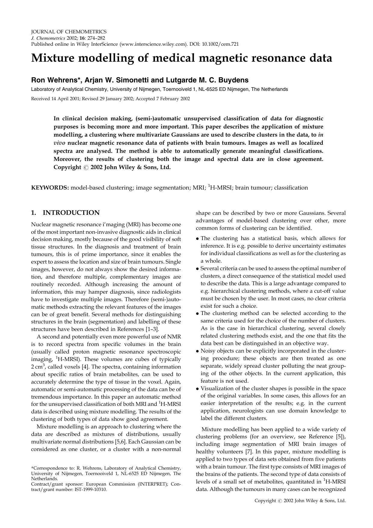 Mixture modelling of medical magnetic resonance data by Unknown