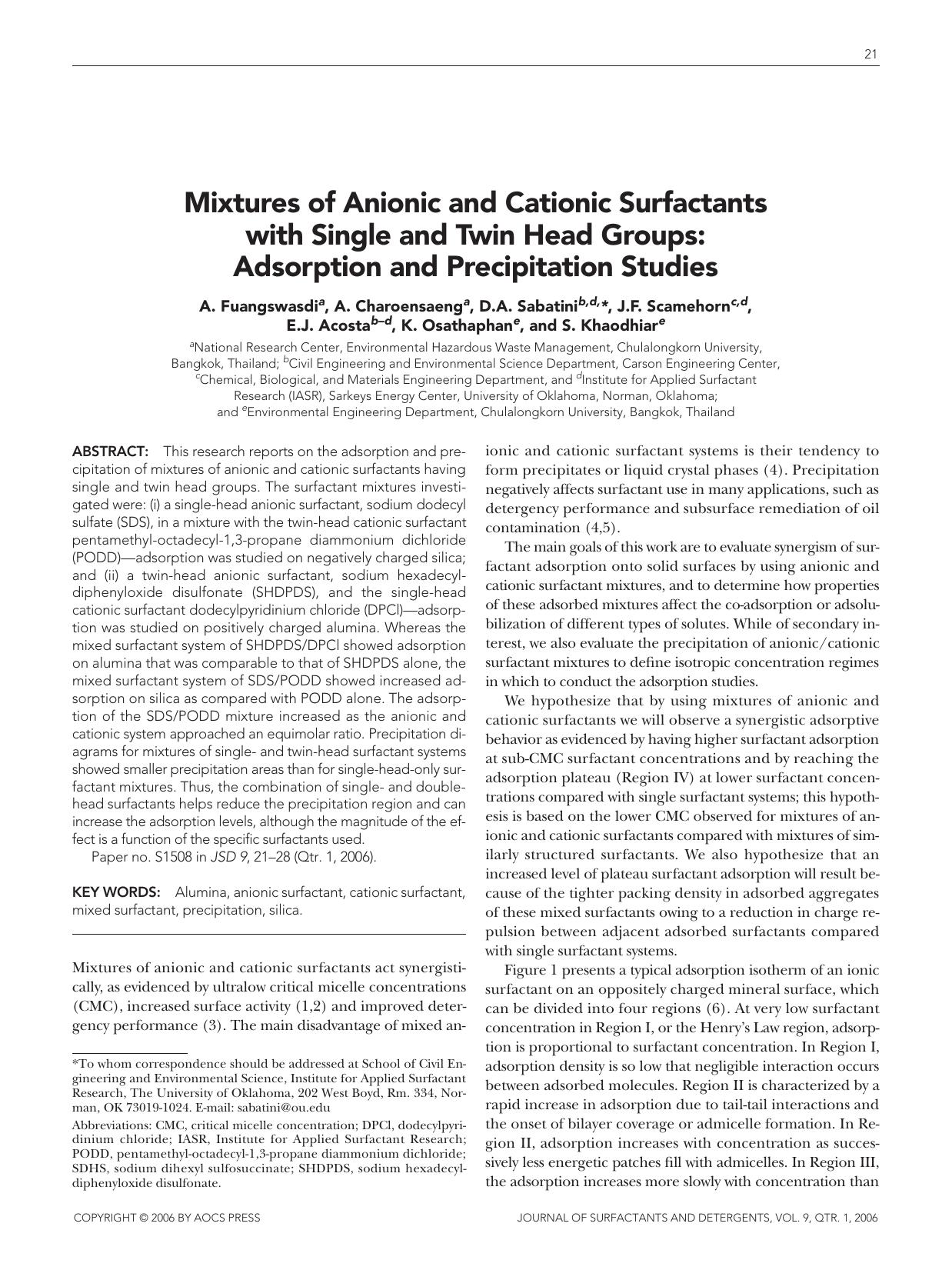 Mixtures of anionic and cationic surfactants with single and twin head groups: Adsorption and precipitation studies by Unknown