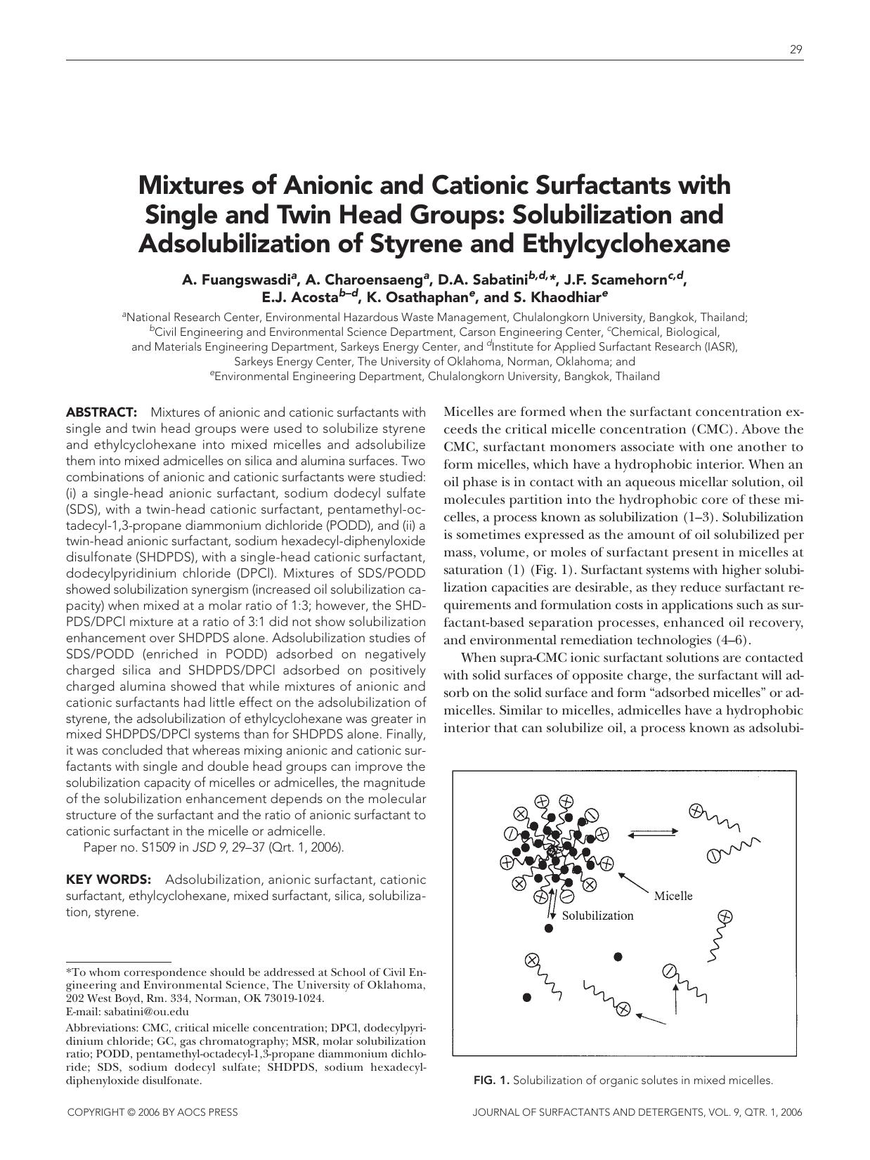 Mixtures of anionic and cationic surfactants with single and twin head groups: Solubilization and adsolubilization of styrene and ethylcyclohexane by Unknown