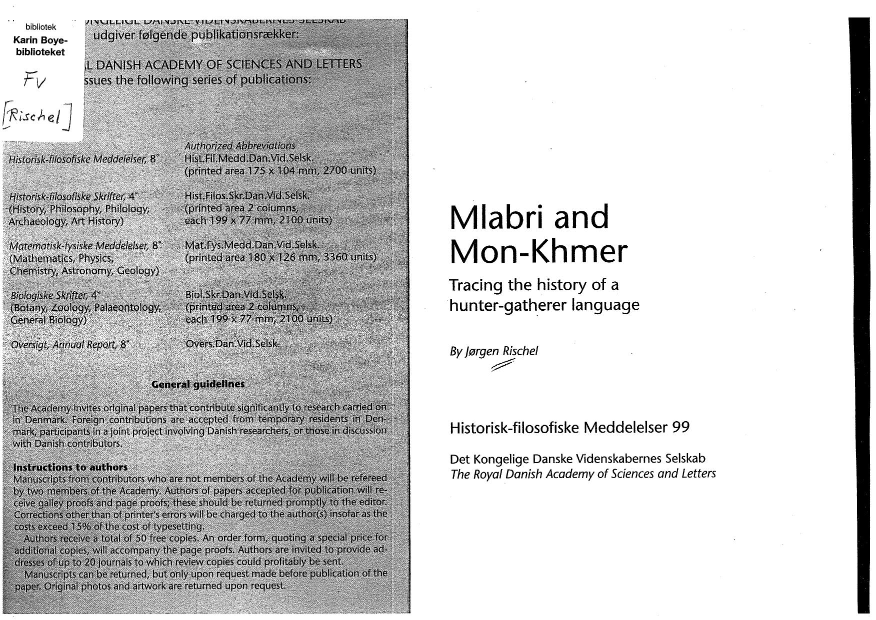 Mlabri and Mon-Khmer: tracing the history of a hunter-gatherer language by Jørgen Rischel