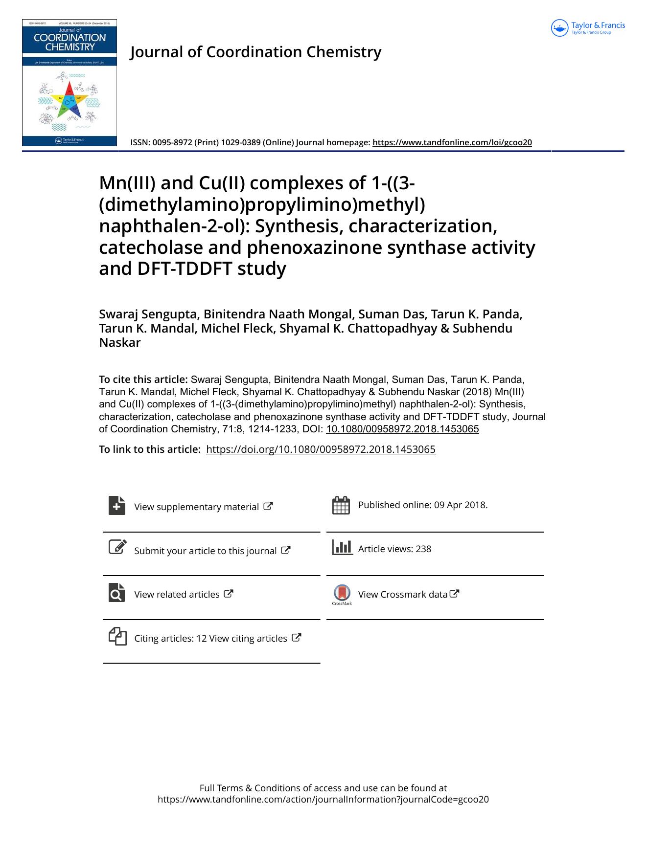 Mn(III) and Cu(II) complexes of 1-((3-(dimethylamino)propylimino)methyl) naphthalen-2-ol): Synthesis, characterization, catecholase and phenoxazinone synthase activity and DFT-TDDFT study by unknow