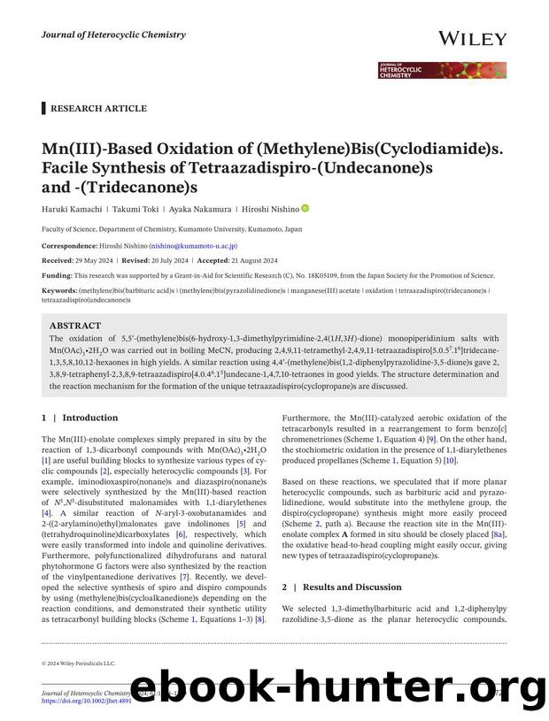 Mn(III)âbased oxidation of (methylene)bis(cyclodiamide)s. Facile synthesis of tetraazadispiroâ(undecanone)s and â(tridecanone)s by Unknown