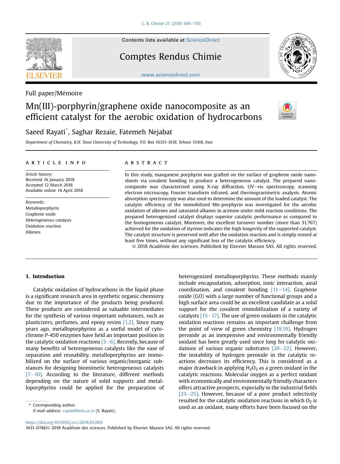 Mn(III)-porphyringraphene oxide nanocomposite as an efficient catalyst for the aerobic oxidation of hydrocarbons by Saeed Rayati & Saghar Rezaie & Fatemeh Nejabat