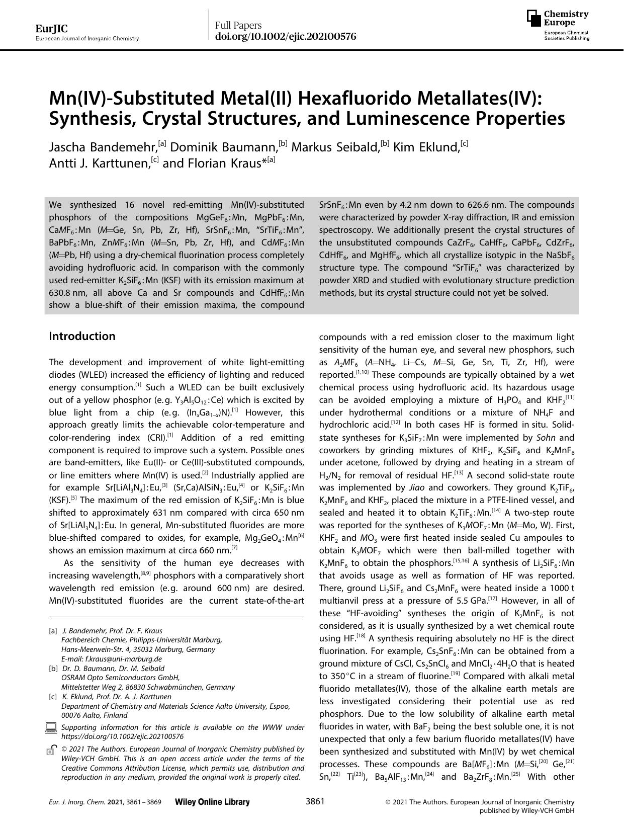 Mn(IV)âSubstituted Metal(II) Hexafluorido Metallates(IV): Synthesis, Crystal Structures, and Luminescence Properties by Unknown