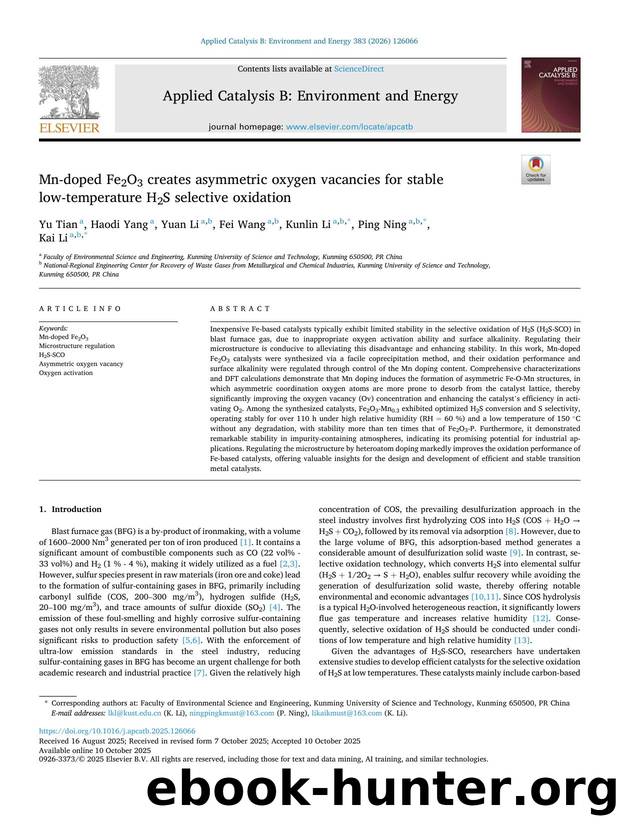 Mn-doped Fe2O3 creates asymmetric oxygen vacancies for stable low-temperature H2S selective oxidation by Yu Tian