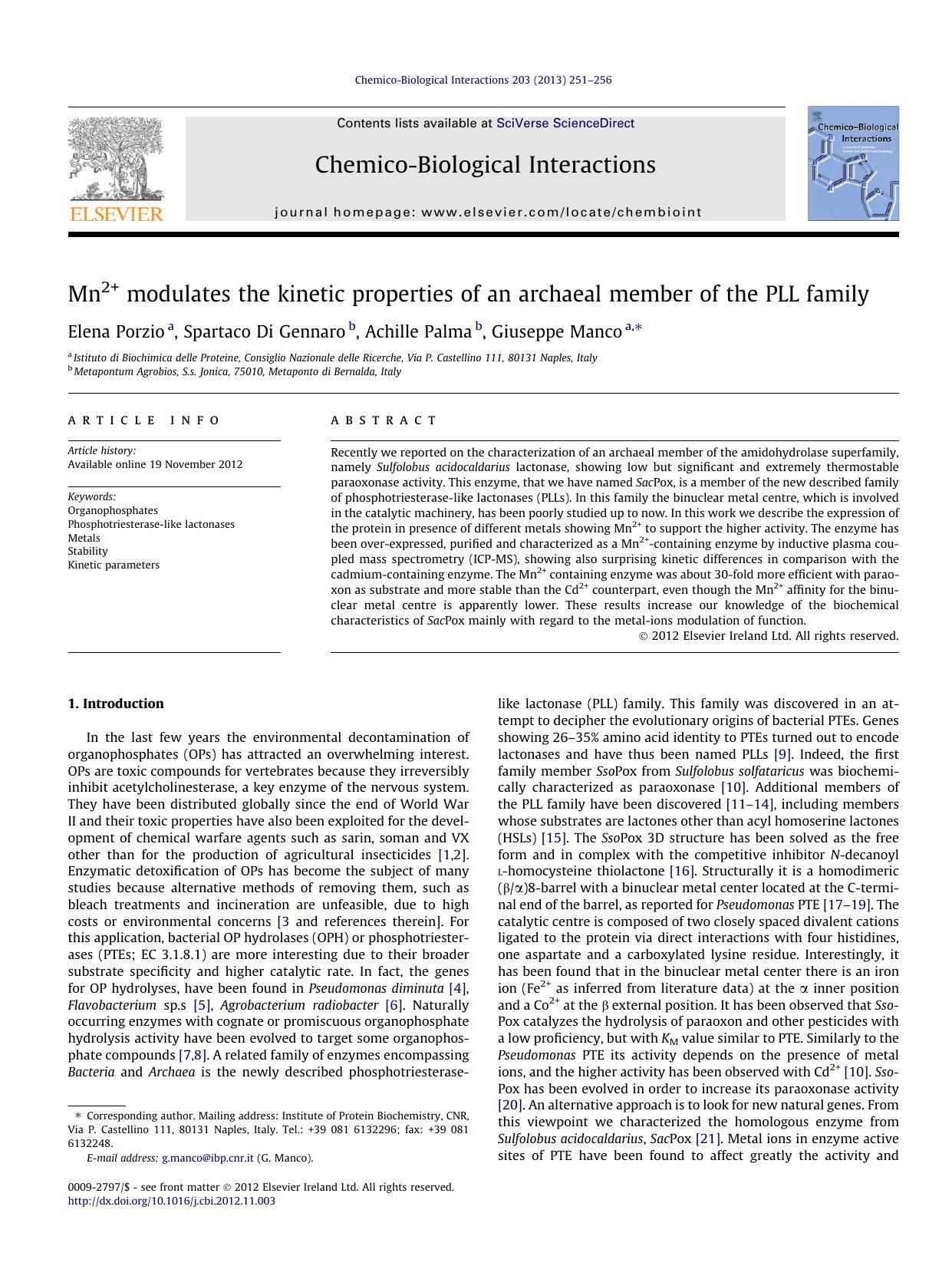 Mn2+ modulates the kinetic properties of an archaeal member of the PLL family by Elena Porzio & Spartaco Di Gennaro & Achille Palma & Giuseppe Manco