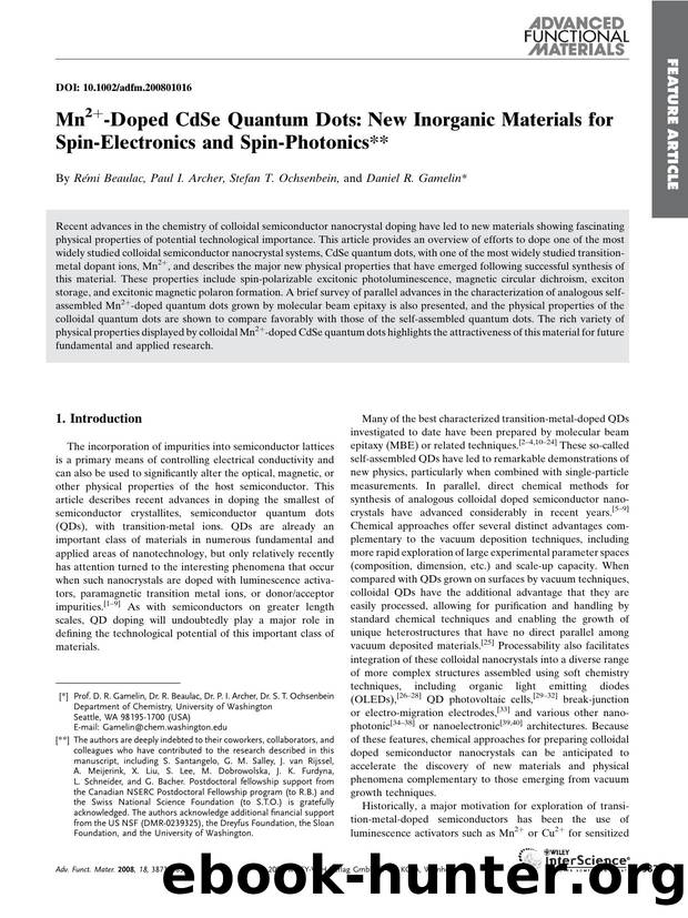 Mn2+-Doped CdSe Quantum Dots: New Inorganic Materials for Spin-Electronics and Spin-Photonics by Unknown