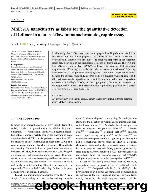MnFe2O4 nanoclusters as labels for the quantitative detection of D-dimer in a lateral flow immunochromatographic assay by Unknown