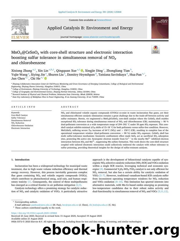 MnOx@CeSnOx with core-shell structure and electronic interaction boosting sulfur tolerance in simultaneous removal of NO x and chlorobenzene by Xixiong Zhang