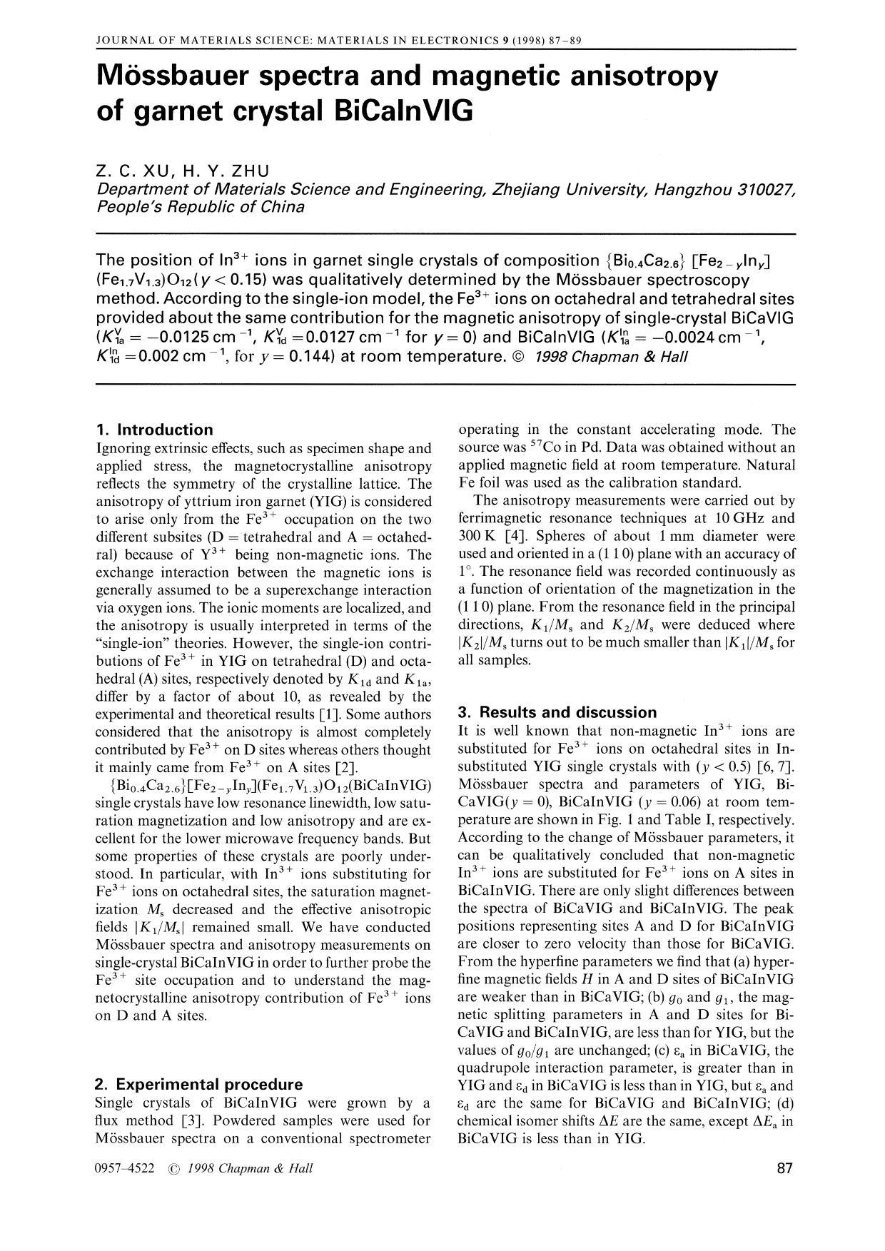 Mo¨ssbauer spectra and magnetic anisotropy of garnet crystal BiCaInVIG by Unknown