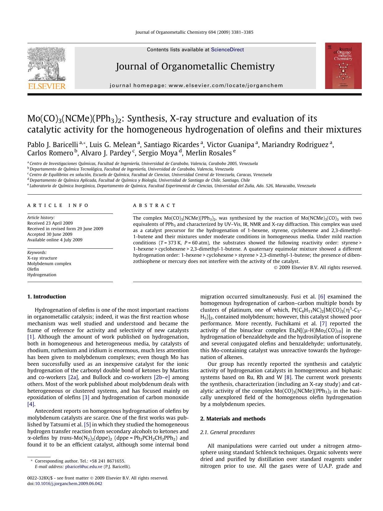 Mo(CO)3(NCMe)(PPh3)2: Synthesis, X-ray structure and evaluation of its catalytic activity for the homogeneous hydrogenation of olefins and their mixtures by unknow