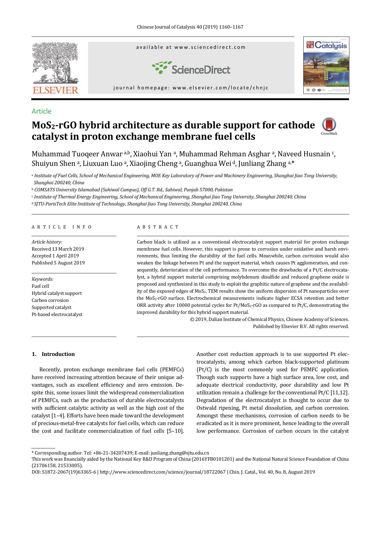 MoS2-rGO hybrid architecture as durable support for cathode catalyst in proton exchange membrane fuel cells by Muhammad Tuoqeer Anwar