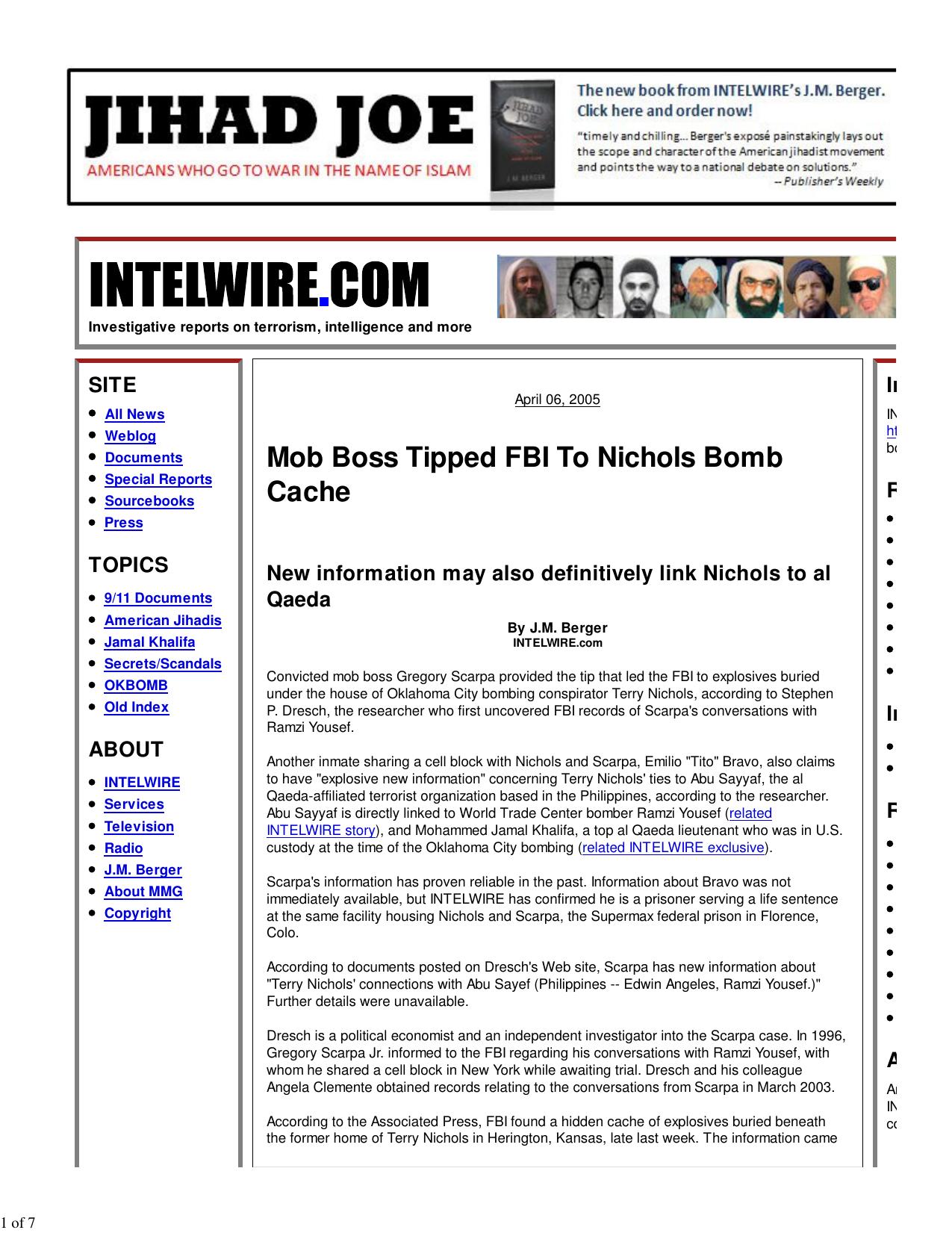 Mob Boss Tipped FBI To Nichols Bomb Cache | INTELWIRE Terrorism Blog | J.M. Berger | Investigative reporting on terrorism, rese by HP_Administrator