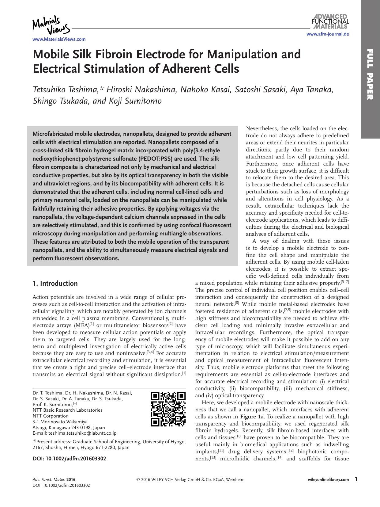 Mobile Silk Fibroin Electrode for Manipulation and Electrical Stimulation of Adherent Cells by Unknown