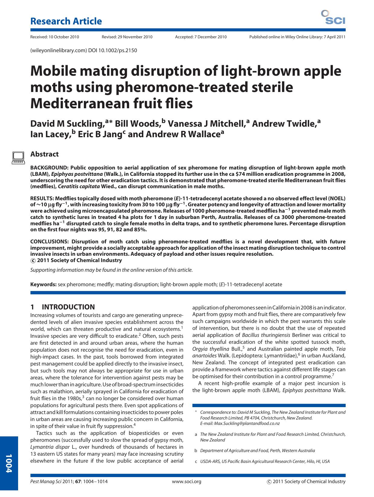 Mobile mating disruption of lightbrown apple moths using pheromonetreated sterile Mediterranean fruit flies by Unknown
