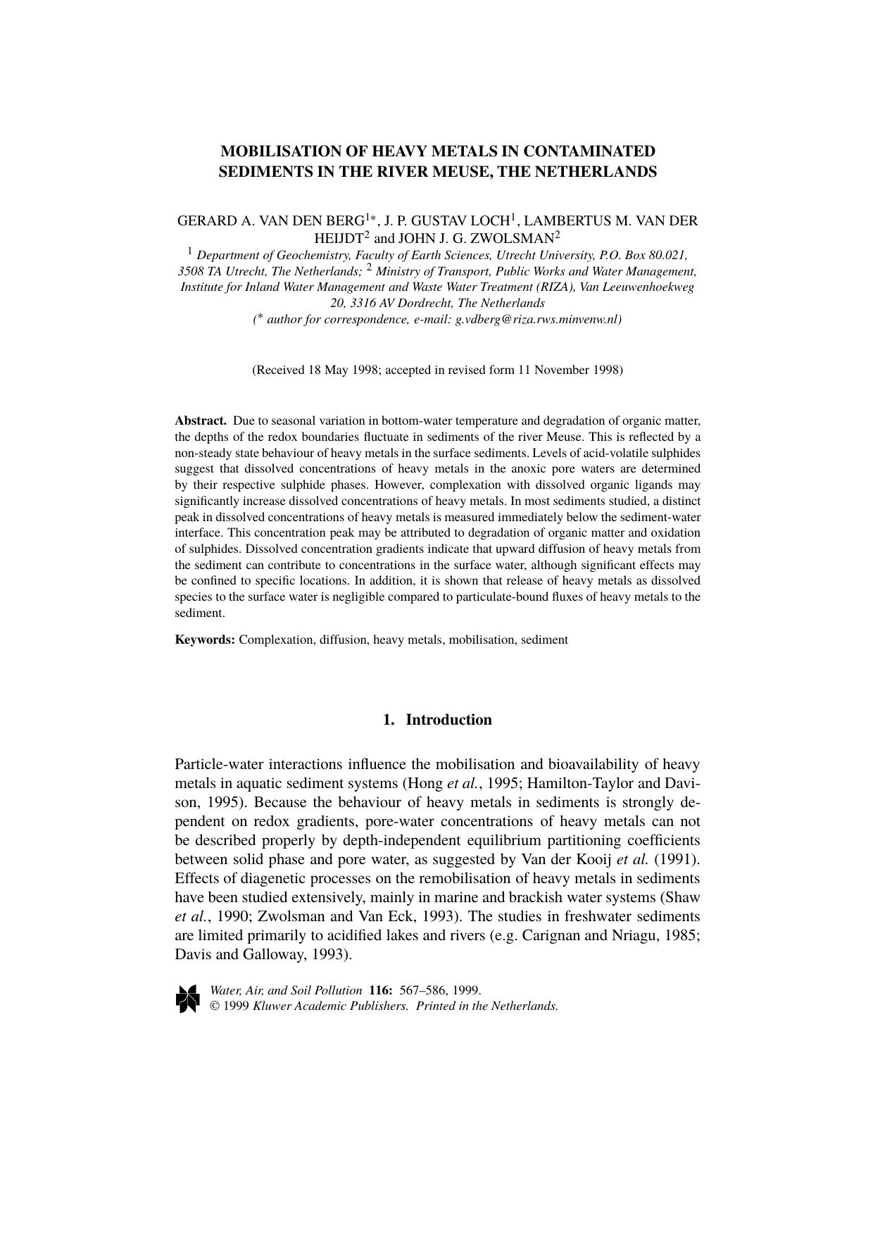 Mobilisation of Heavy Metals in Contaminated Sediments in the River Meuse, The Netherlands by Unknown