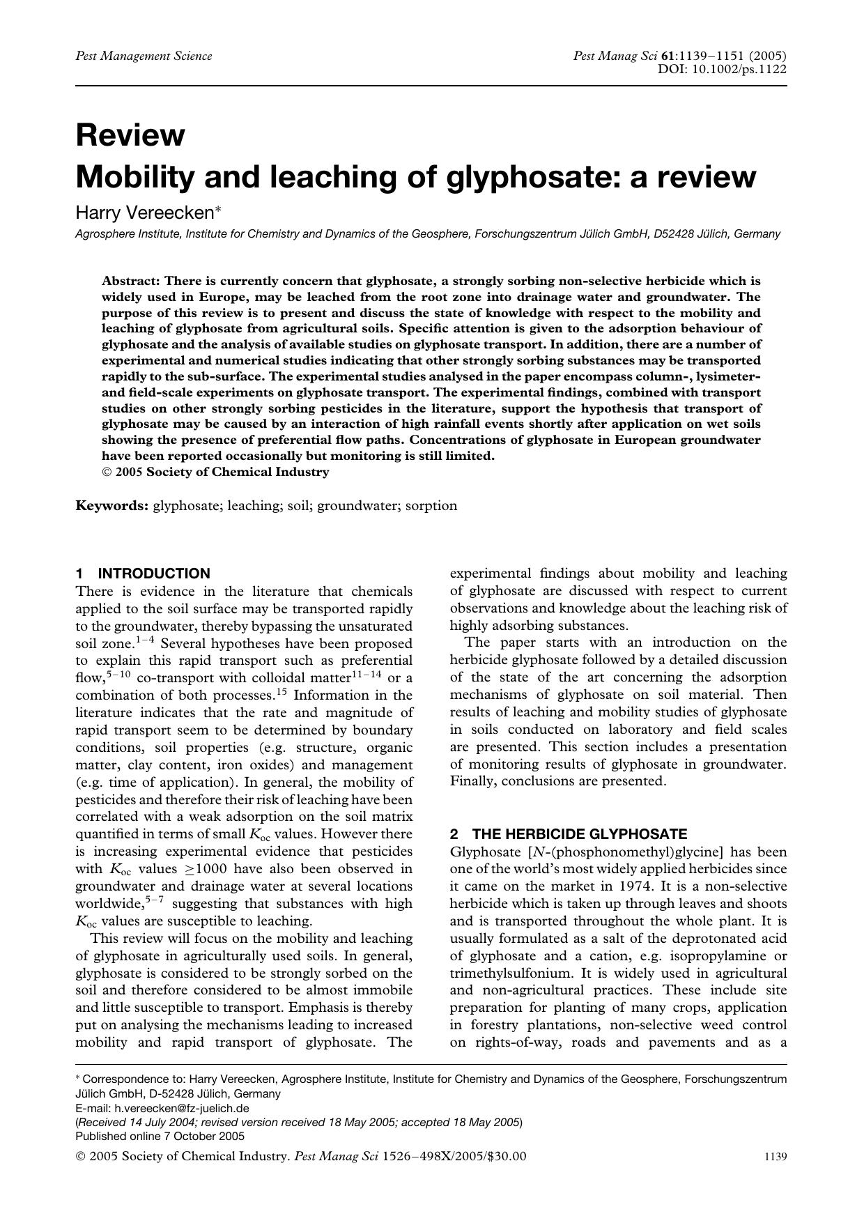 Mobility and leaching of glyphosate: a review by Unknown