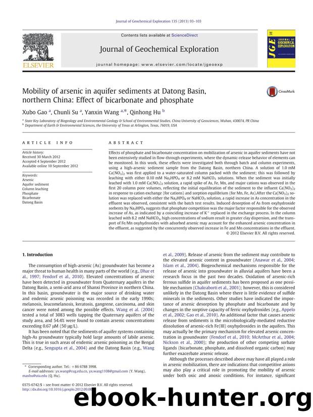 Mobility of arsenic in aquifer sediments at Datong Basin, northern China: Effect of bicarbonate and phosphate by Xubo Gao & Chunli Su & Yanxin Wang & Qinhong Hu