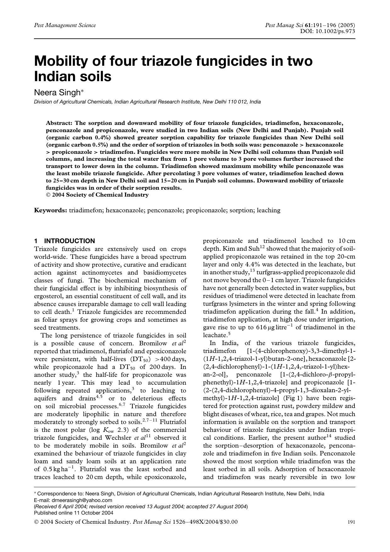 Mobility of four triazole fungicides in two Indian soils by Unknown