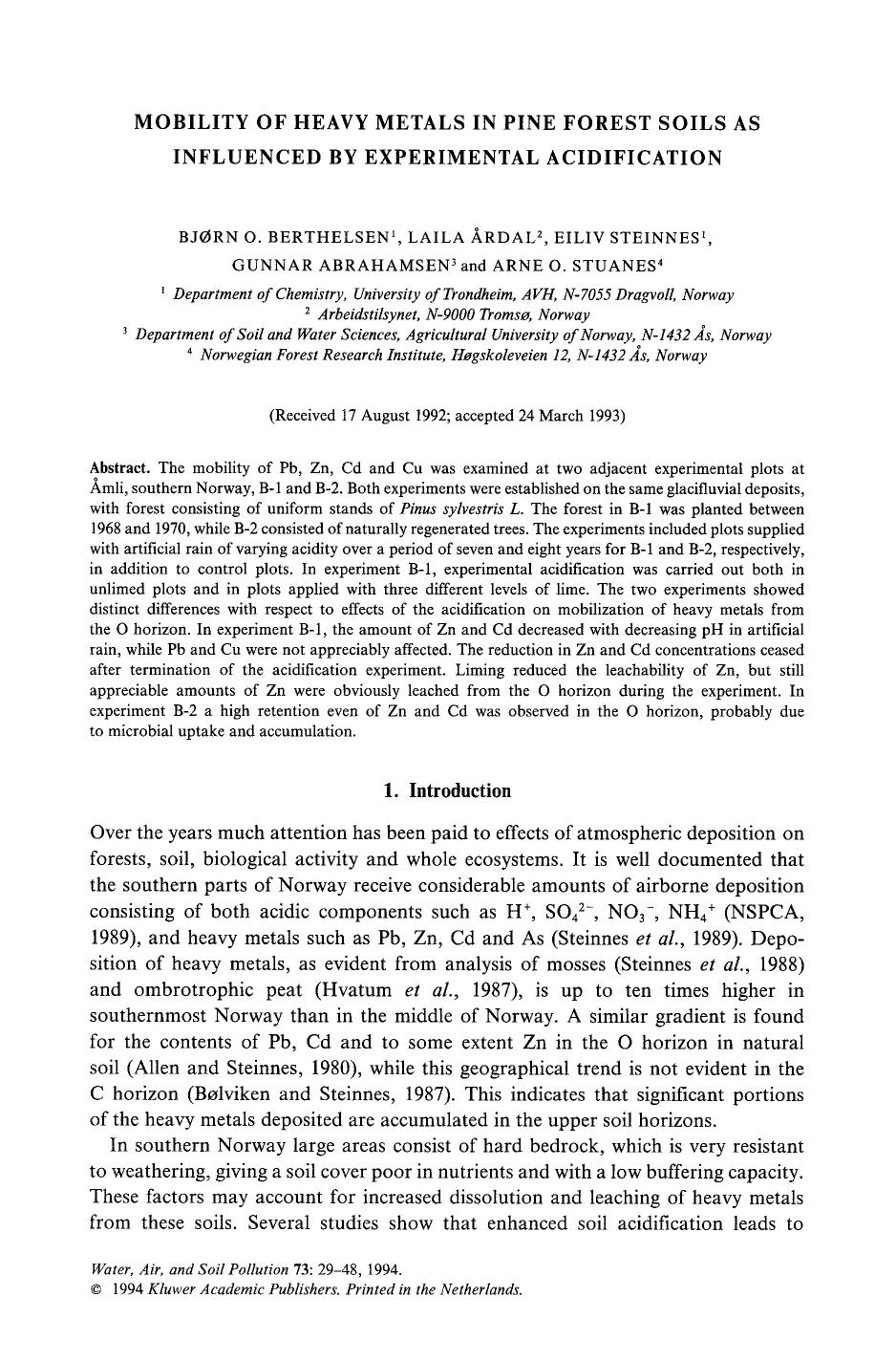 Mobility of heavy metals in pine forest soils as influenced by experimental acidification by Unknown