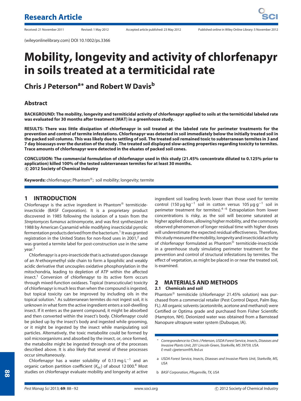 Mobility, longevity and activity of chlorfenapyr in soils treated at a termiticidal rate by Unknown