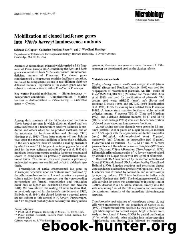 Mobilization of cloned luciferase genes into <Emphasis Type="Italic">Vibrio harveyi<Emphasis> luminescence mutants by Unknown