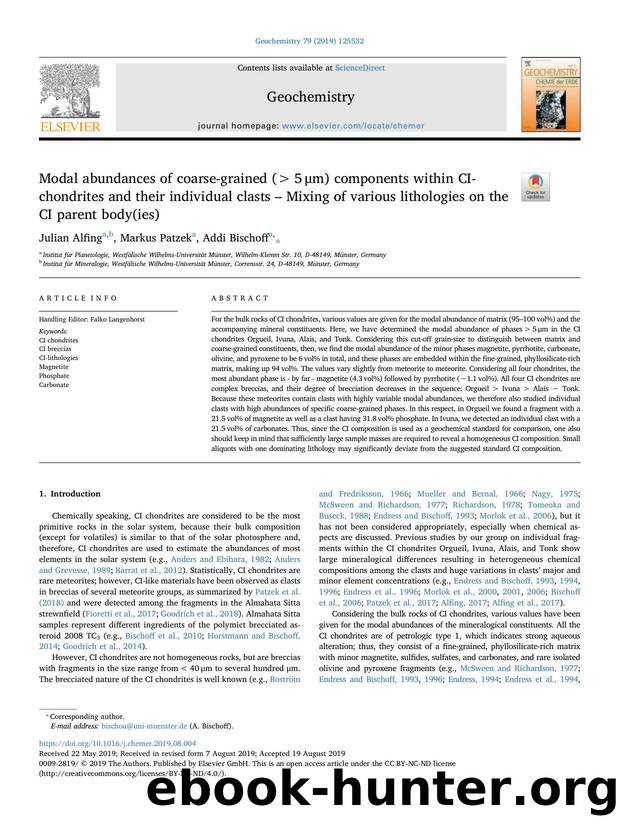 Modal abundances of coarse-grained (ampgt;5â¯Î¼m) components within CI-chondrites and their individual clasts â Mixing of various lithologies on the CI parent body(ies) by Julian Alfing & Markus Patzek & Addi Bischoff