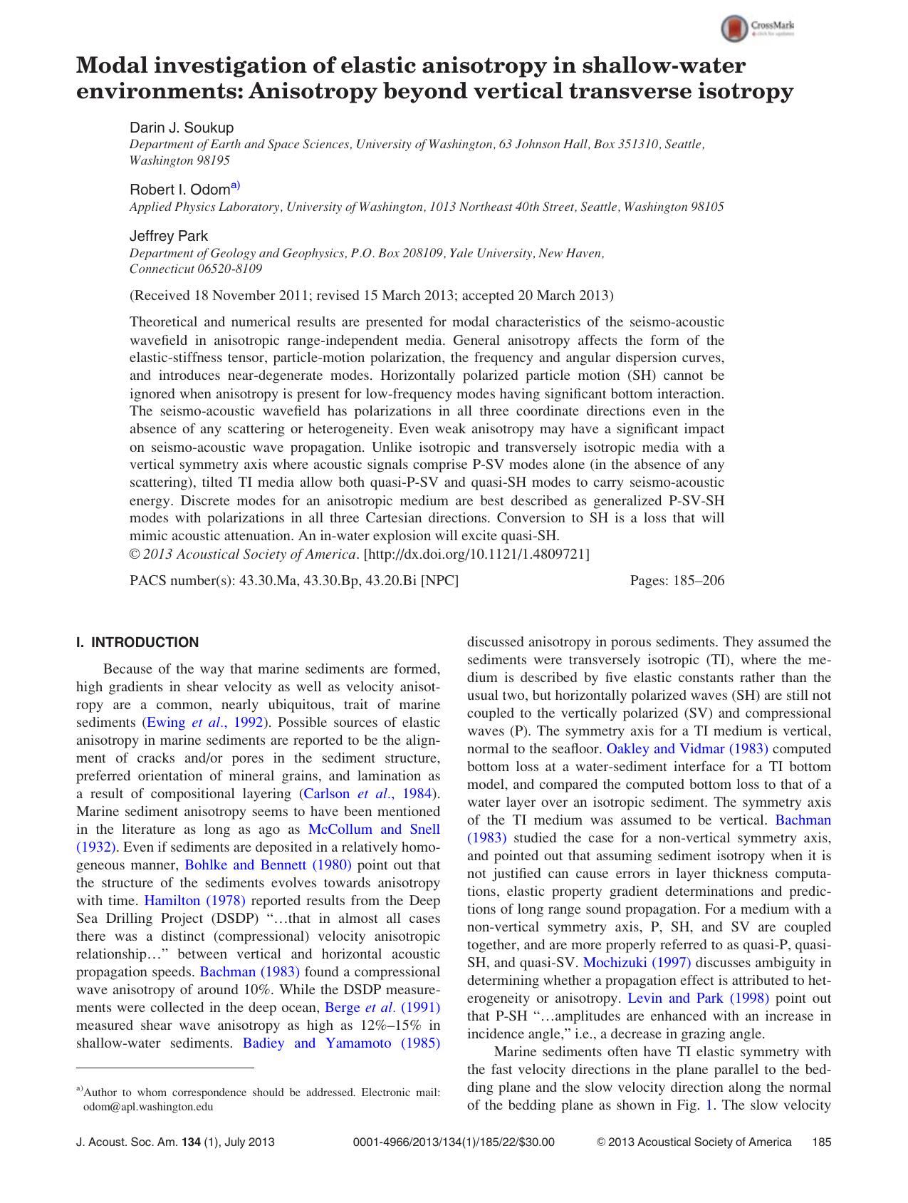 Modal investigation of elastic anisotropy in shallow-water environments: Anisotropy beyond vertical transverse isotropy by Darin J. Soukup Robert I. Odoma) and Jeffrey Park