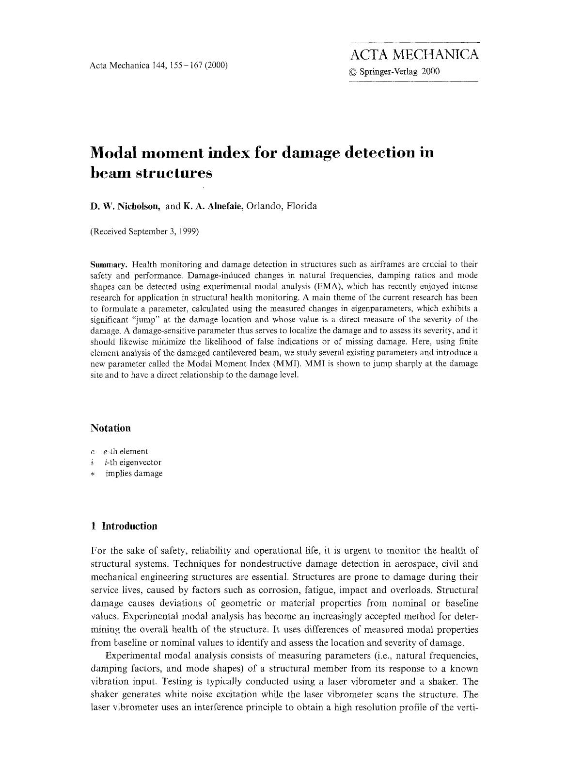 Modal moment index for damage detection in beam structures by Unknown