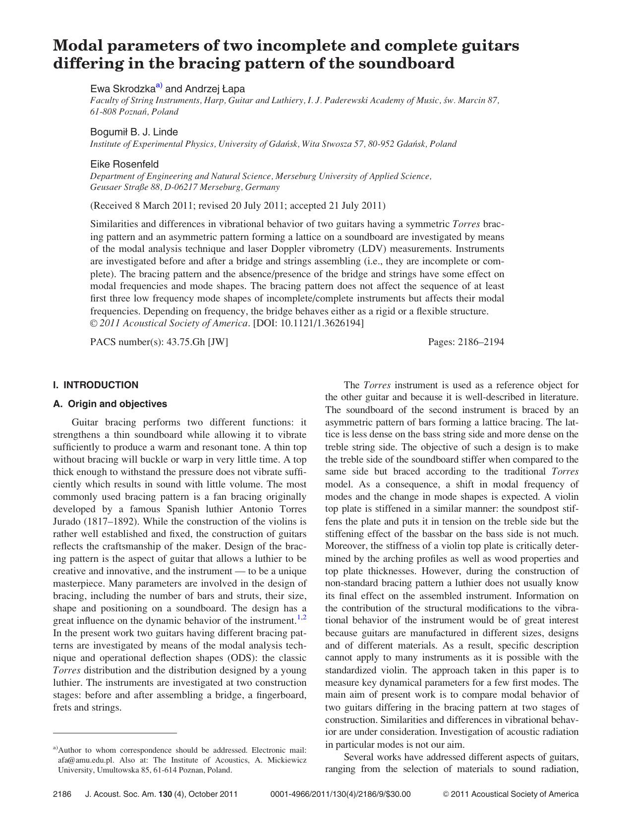 Modal parameters of two incomplete and complete guitars differing in the bracing pattern of the soundboard by Ewa Skrodzka Andrzej Łapa Bogumił B. J. Linde and Eike Rosenfeld
