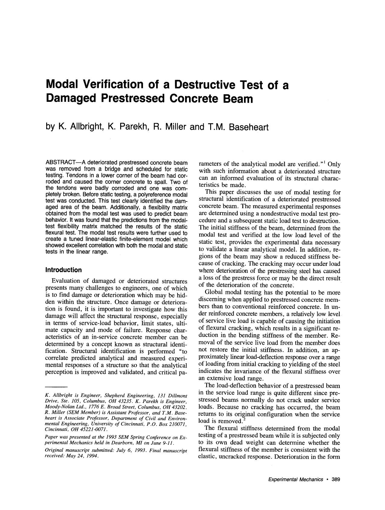Modal verification of a destructive test of a damaged prestressed concrete beam by Unknown