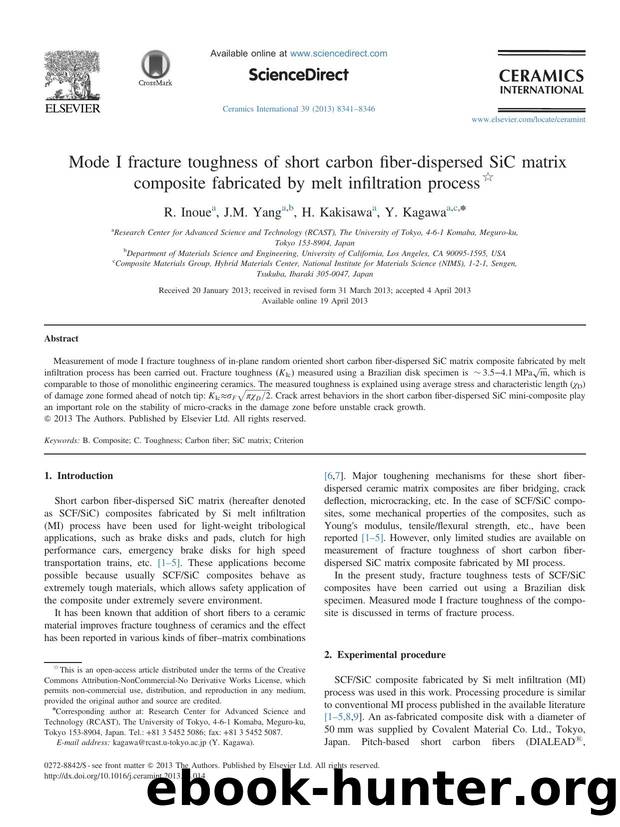 Mode I fracture toughness of short carbon fiber-dispersed SiC matrix composite fabricated by melt infiltration process by R. Inoue & J.M. Yang & H. Kakisawa & Y. Kagawa