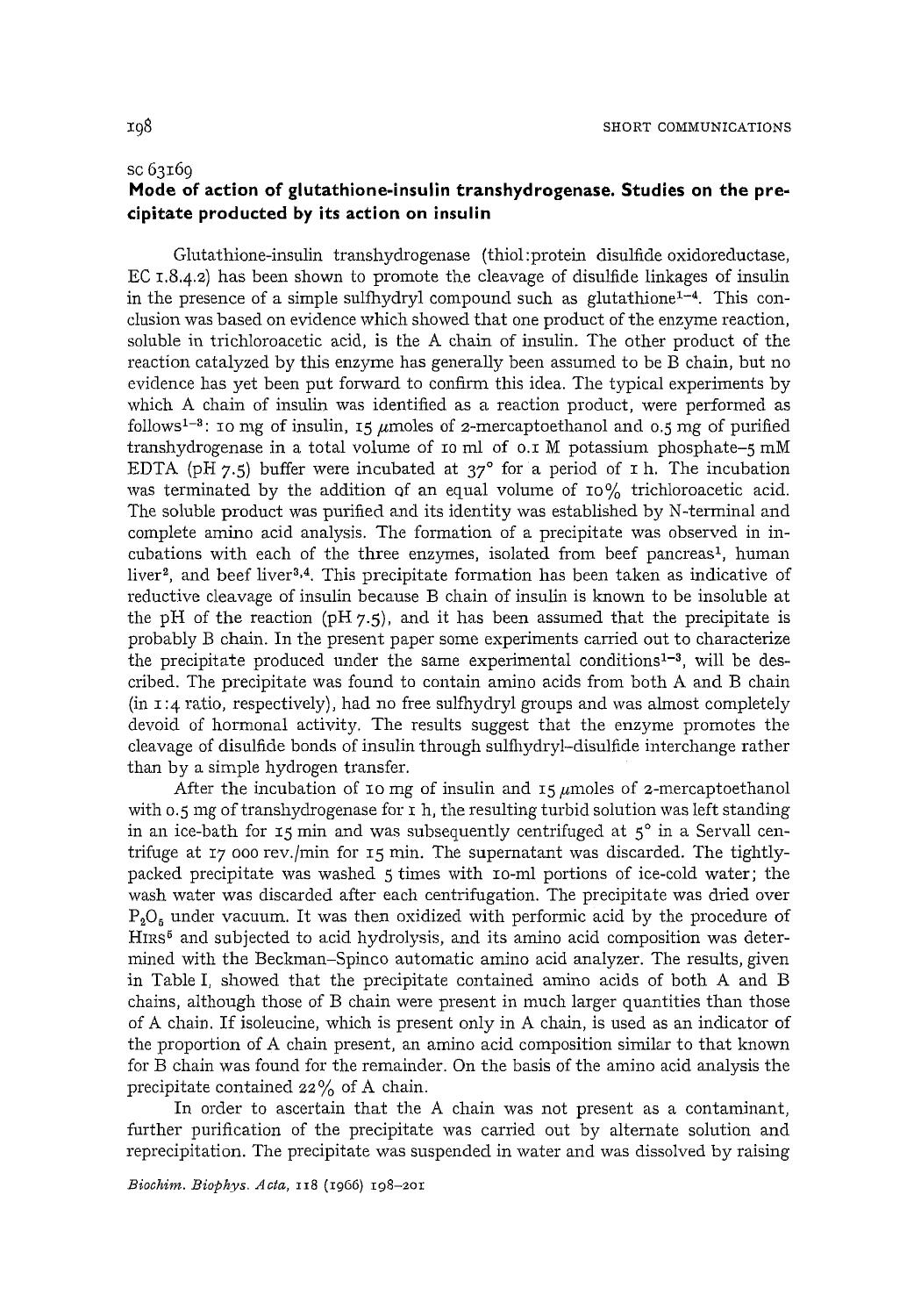 Mode of action of glutathione-insulin transhydrogenase. Studies on the precipitate producted by its action on insulin by P.T. Varandani