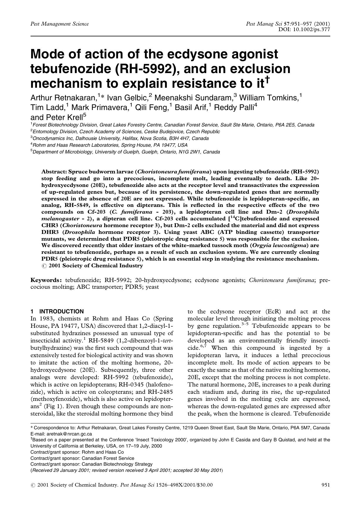 Mode of action of the ecdysone agonist tebufenozide (RH-5992), and an exclusion mechanism to explain resistance to it by Unknown