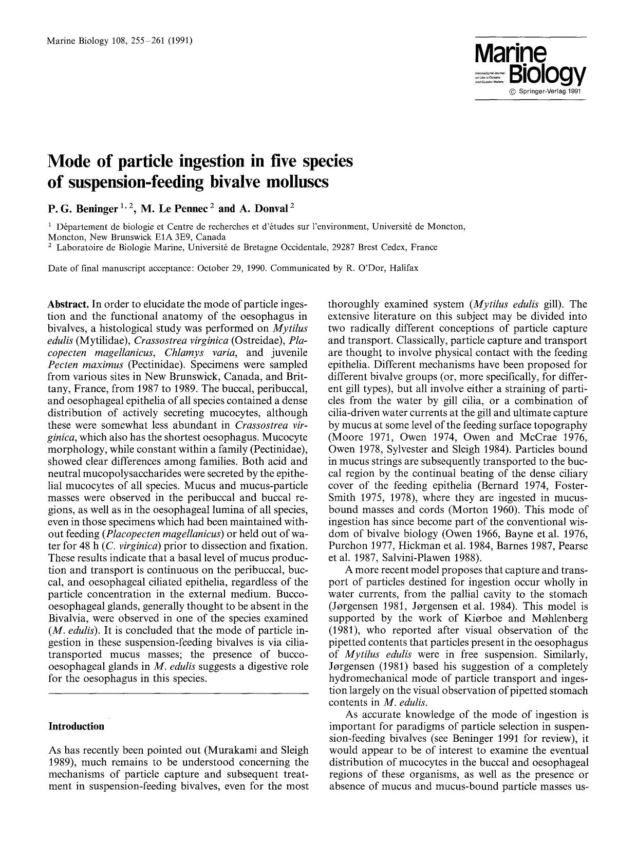 Mode of particle ingestion in five species of suspension-feeding bivalve molluscs by Unknown