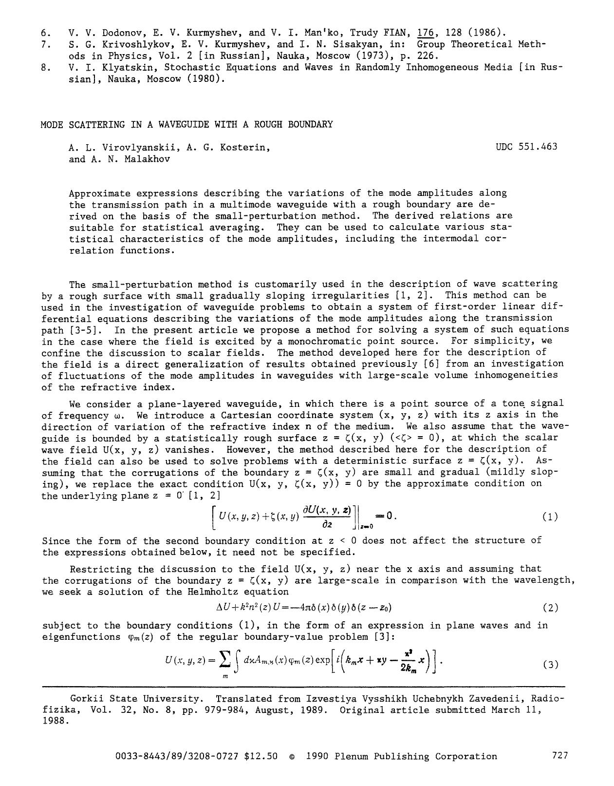 Mode scattering in a waveguide with a rough boundary by Unknown