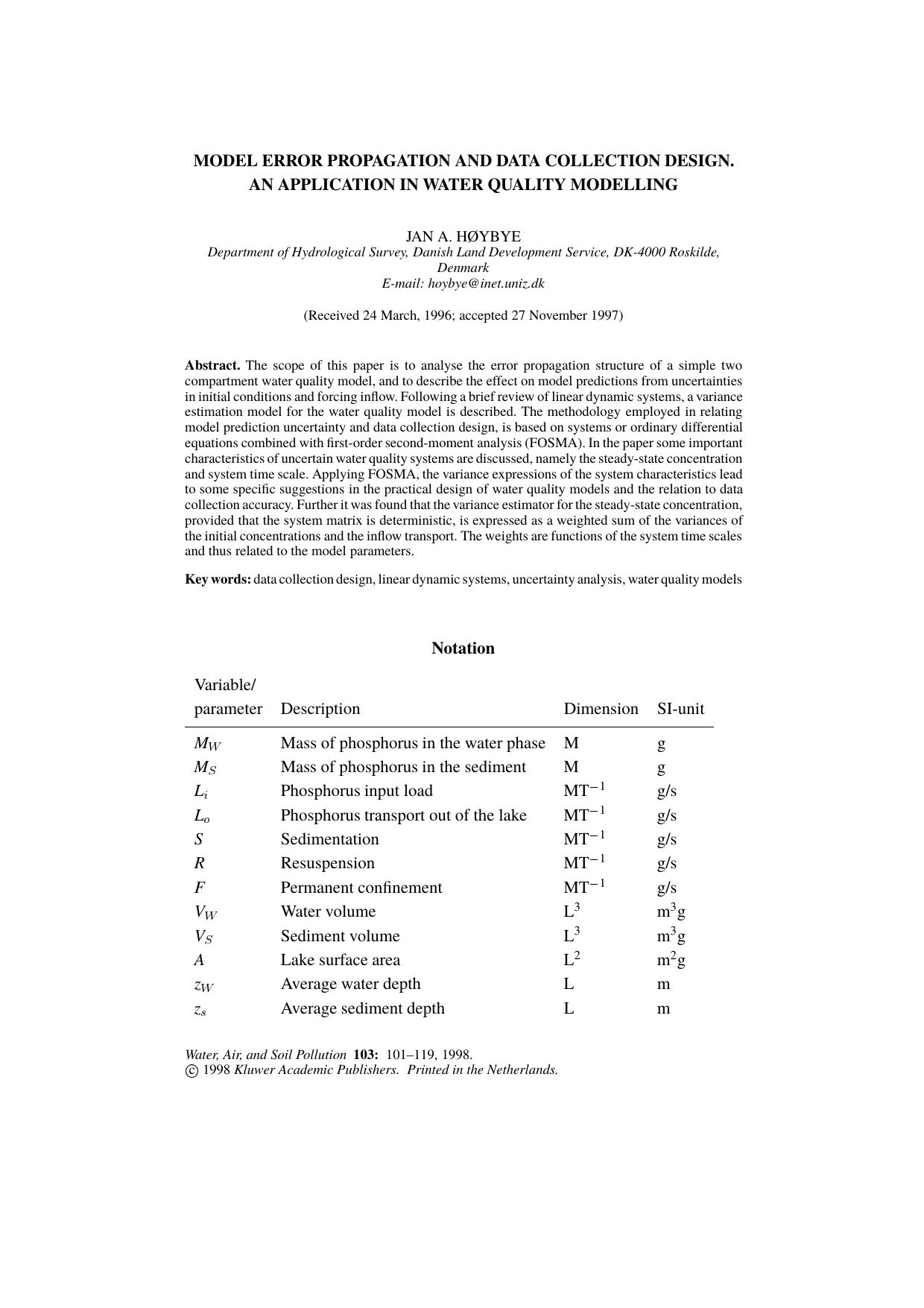 Model Error Propagation and Data Collection Design. An Application in Water Quality Modelling by Unknown