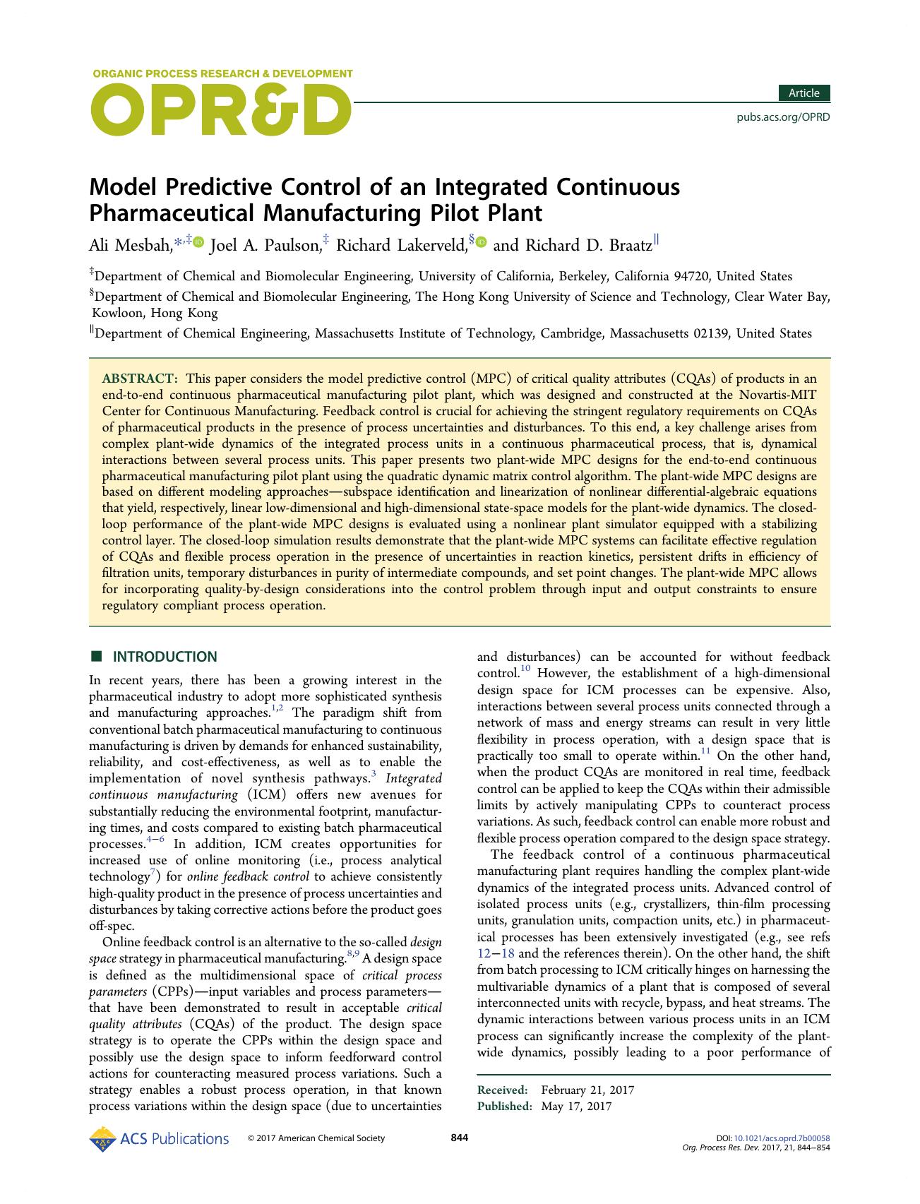 Model Predictive Control of an Integrated Continuous Pharmaceutical Manufacturing Pilot Plant by Ali Mesbah Joel A. Paulson Richard Lakerveld & Richard D. Braatz