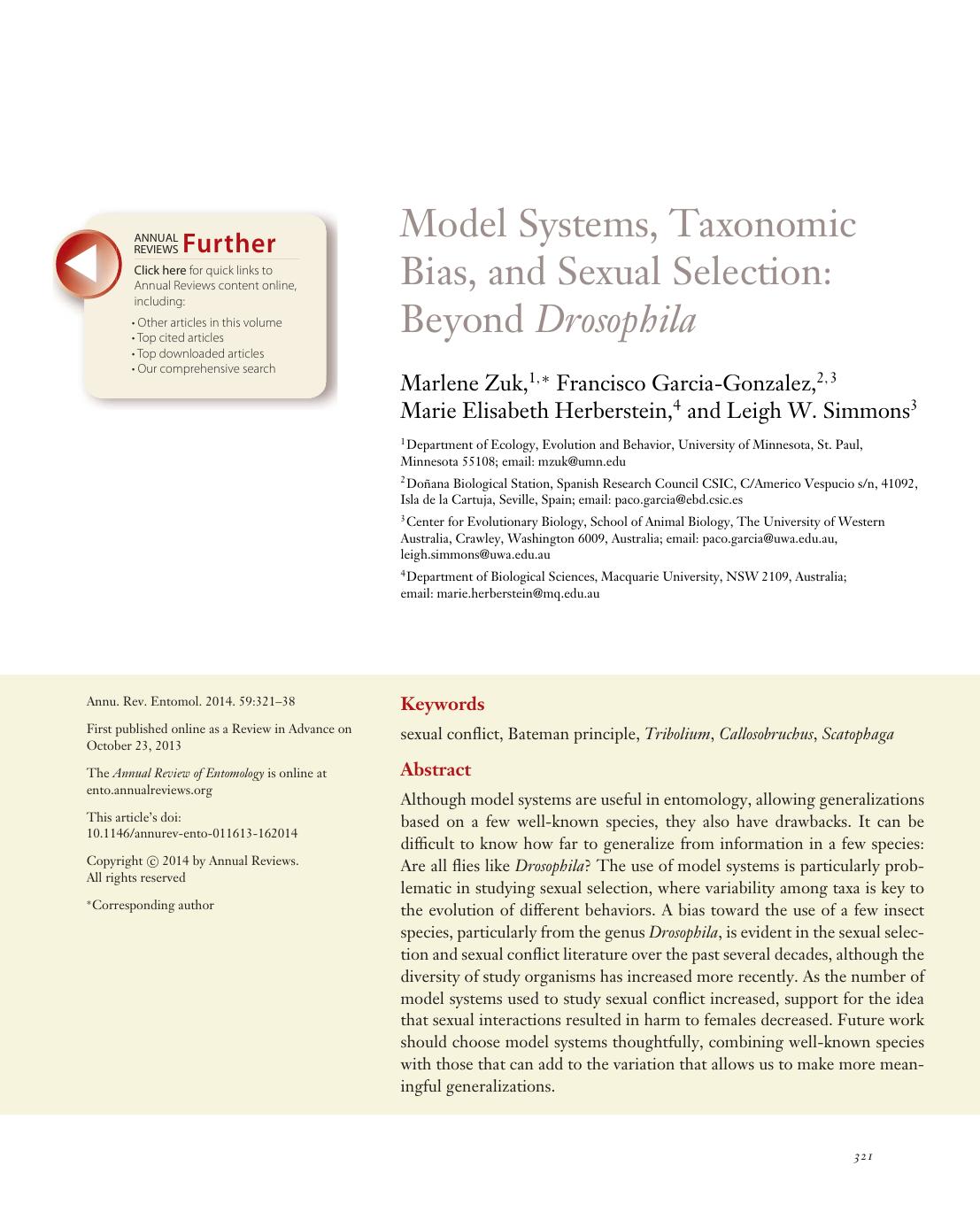 Model Systems, Taxonomic Bias, and Sexual Selection: Beyond Drosophila by Marlene Zuk Francisco Garcia-Gonzalez Marie Elisabeth Herberstein Leigh W. Simmons
