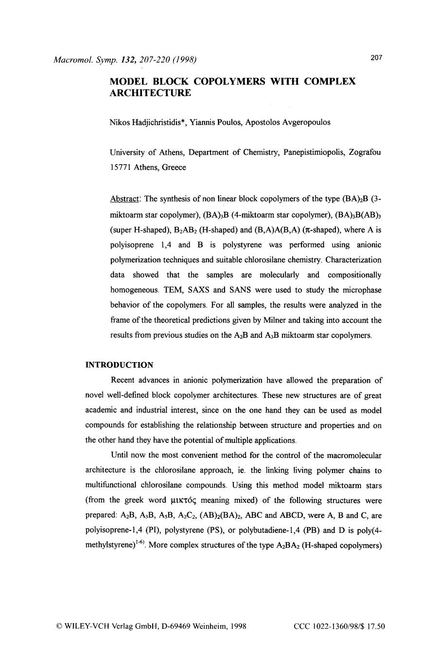 Model block copolymers with complex architecture by Unknown