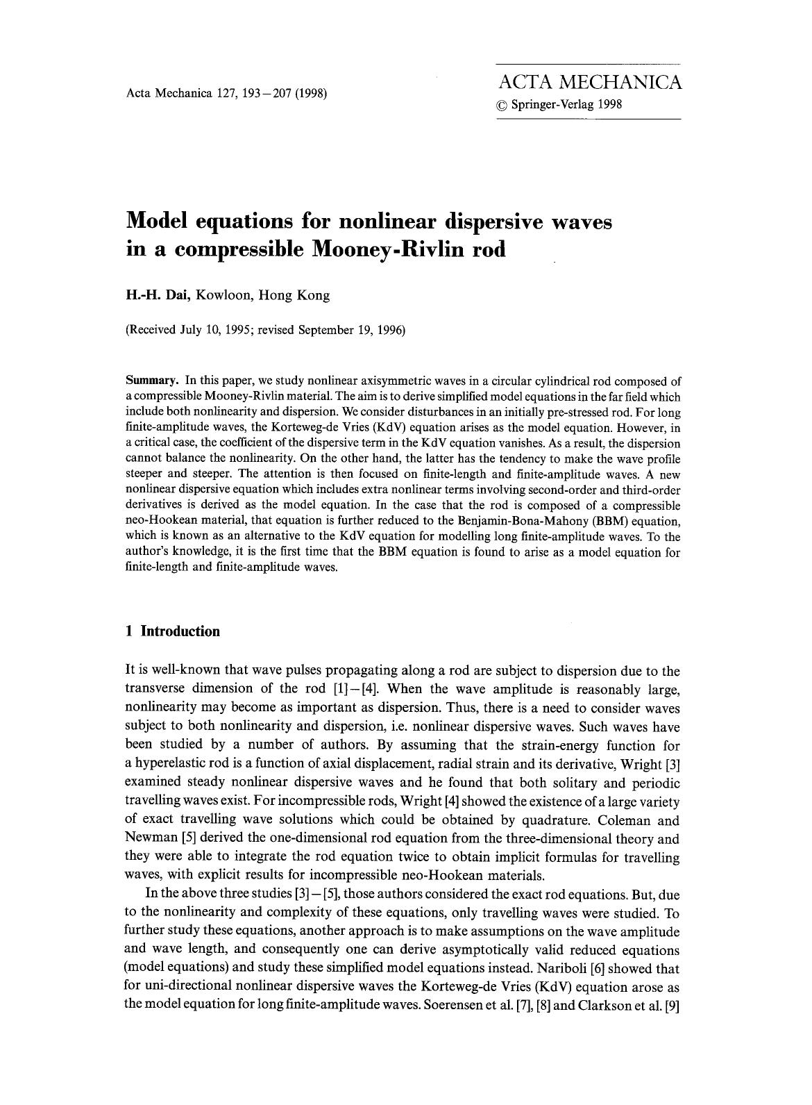 Model equations for nonlinear dispersive waves in a compressible Mooney-Rivlin rod by Unknown