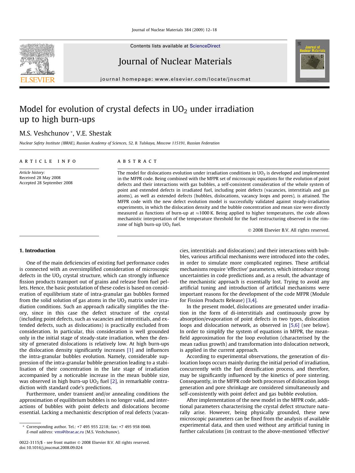 Model for evolution of crystal defects in UO2 under irradiation up to high burn-ups by M.S. Veshchunov; V.E. Shestak