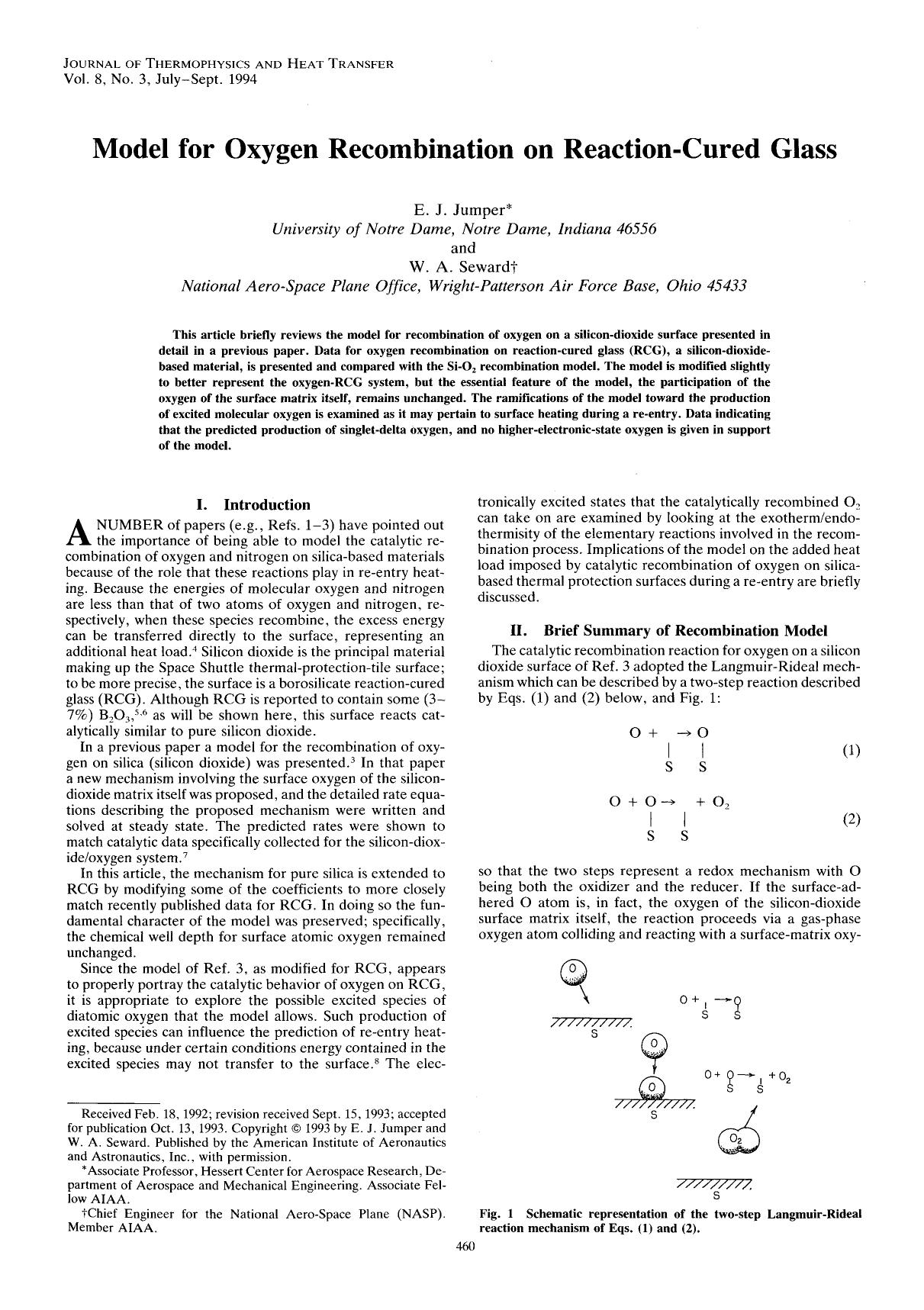 Model for oxygen recombination on reaction-cured glass by Unknown