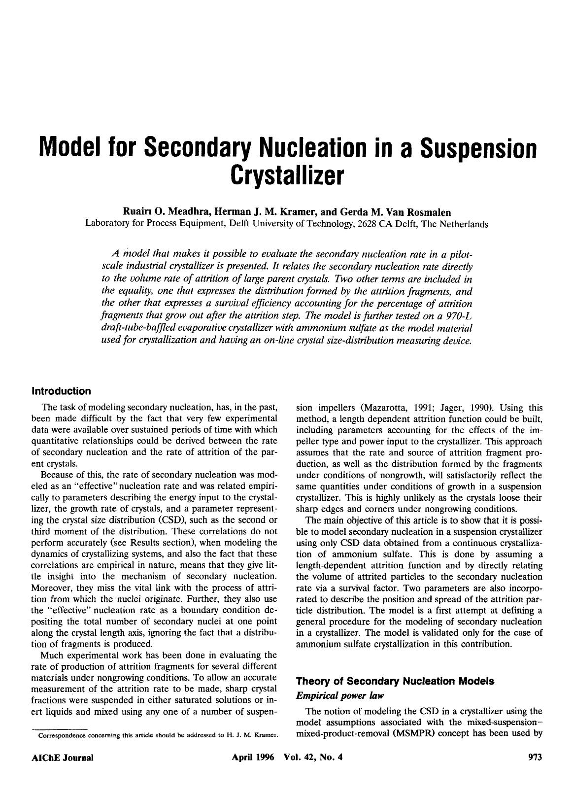 Model for secondary nucleation in a suspension crystallizer by Unknown