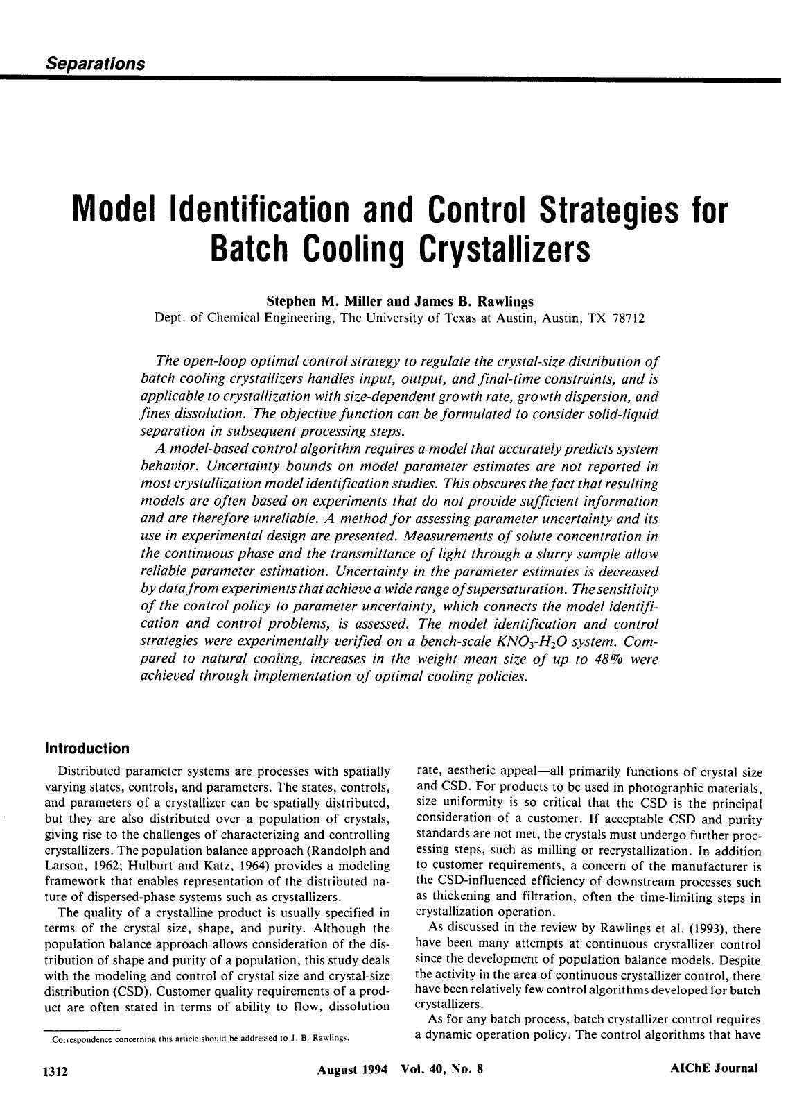Model identification and control strategies for batch cooling crystallizers by Unknown